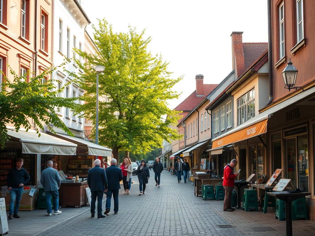 Mapa Sandomierza z ikonami symbolizującymi projekty Funduszy Europejskich, np. pociąg, zamek, szpital.